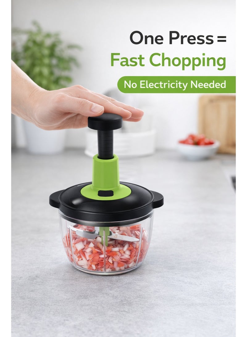 3 In 1 Manual Vegetable Chopper 1.5L Large Capacity, Hand Press Food Chopper with Stainless Steel Blades, No Electricity Push Chopper for Onion, Garlic, Salad, Vegetables, Fruits, Kitchen Prep Tool - Image 2